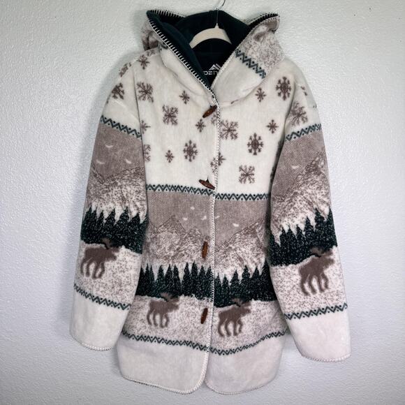 Denali Jackets & Blazers - Denali Jacket Womens Medium Reversible Fleece Coat Hooded Moose Winter Scene Vtg